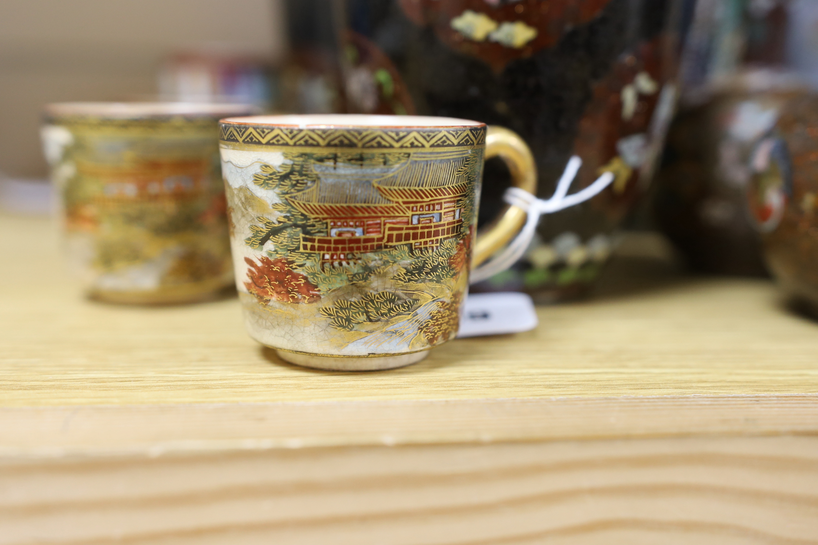 Assorted Japanese cloisonné enamel and satsuma pottery wares, tallest 20cm high